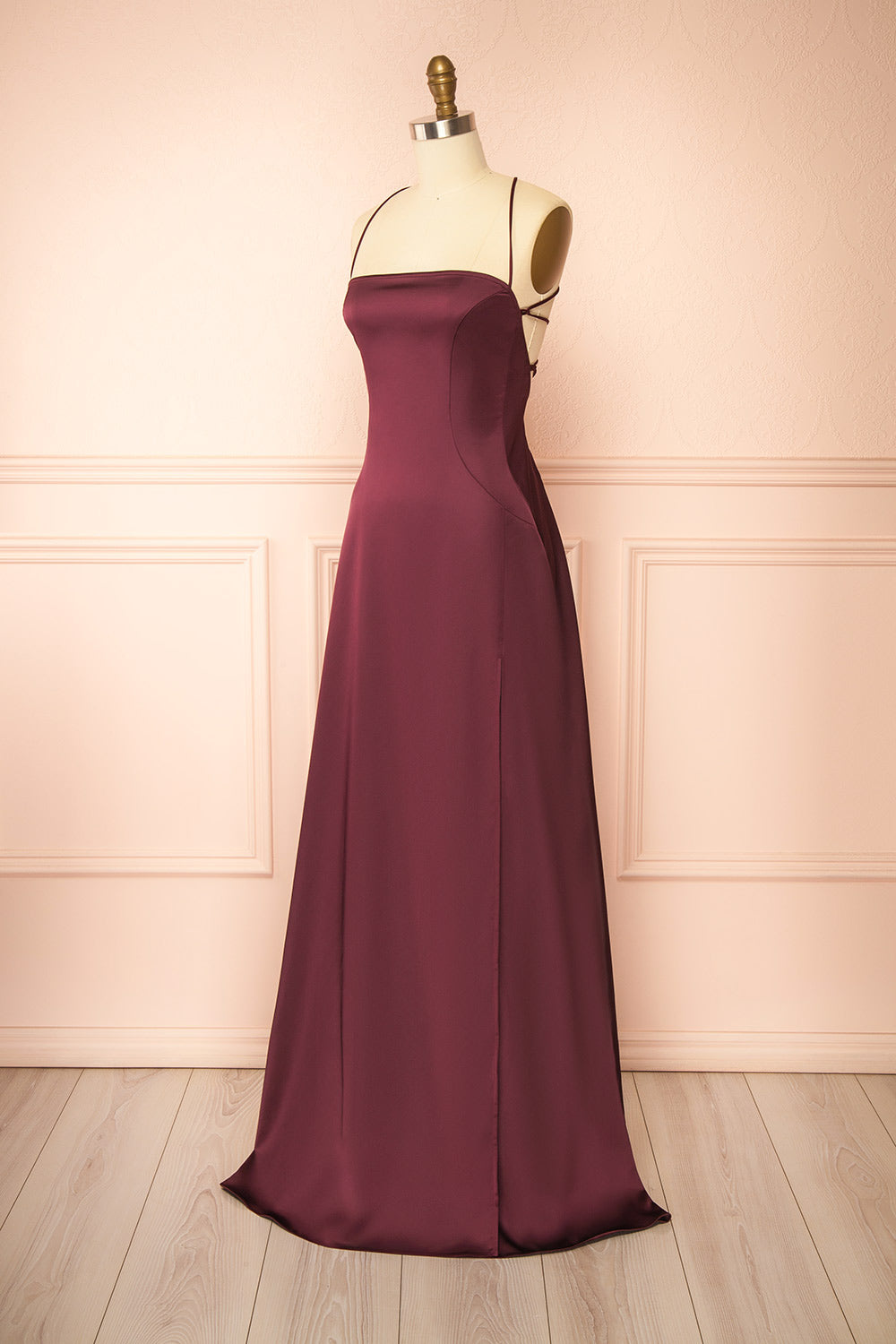 Izadora Burgundy A-line Maxi Dress with Open Back | Boudoir 1861 side view