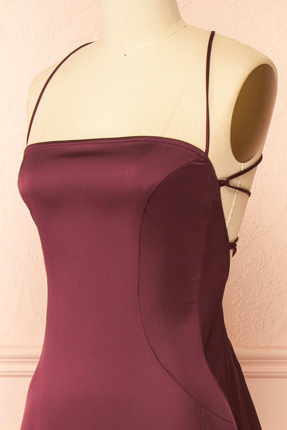 Izadora Burgundy A-line Maxi Dress with Open Back | Boudoir 1861 side