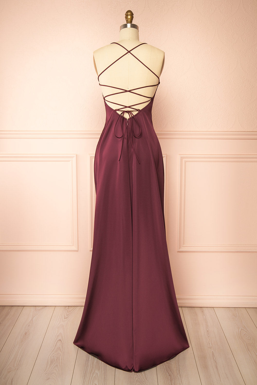 Izadora Burgundy A-line Maxi Dress with Open Back | Boudoir 1861 back view