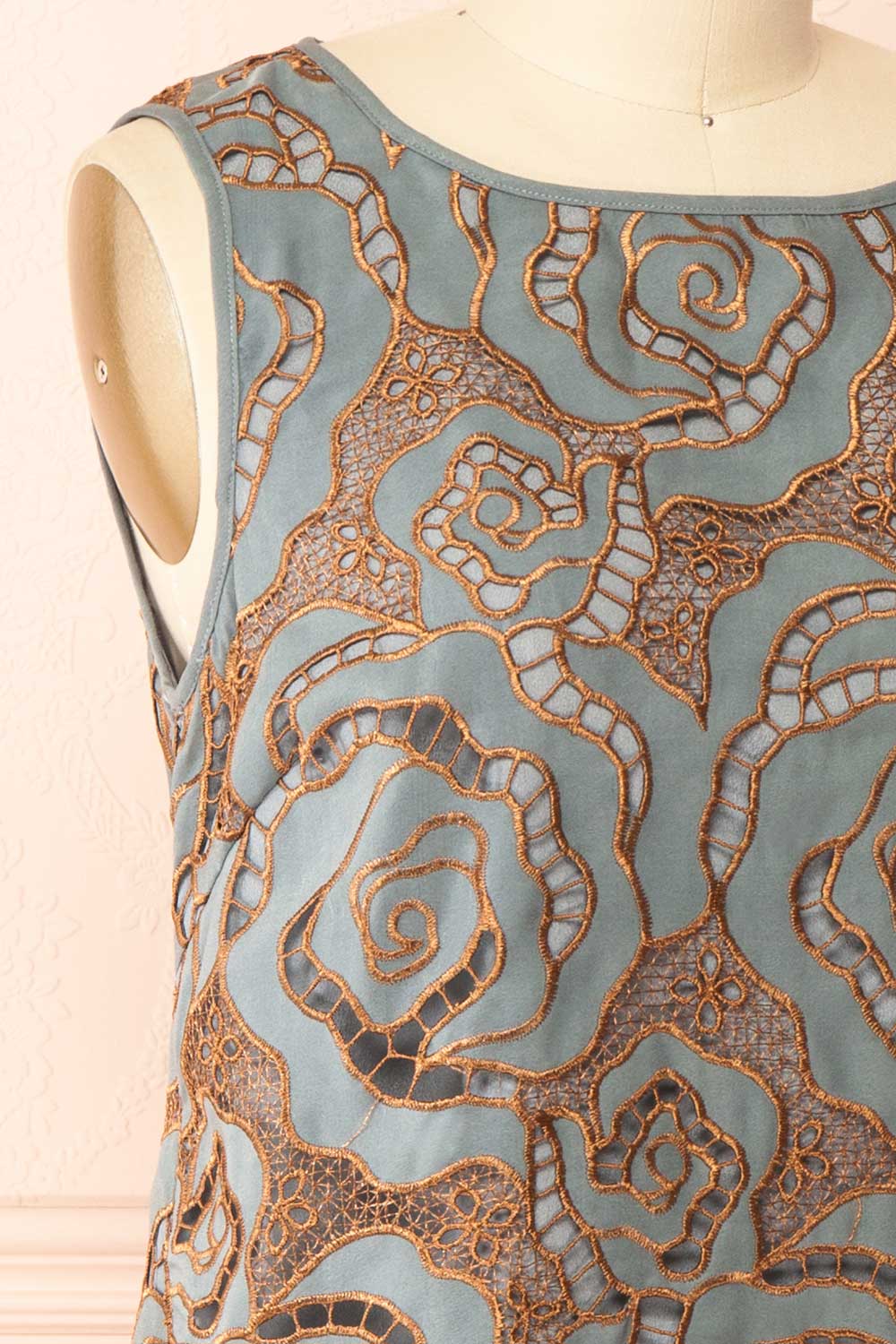 Jabirah  | Blue Sleeveless Top with Copper-Toned Pattern