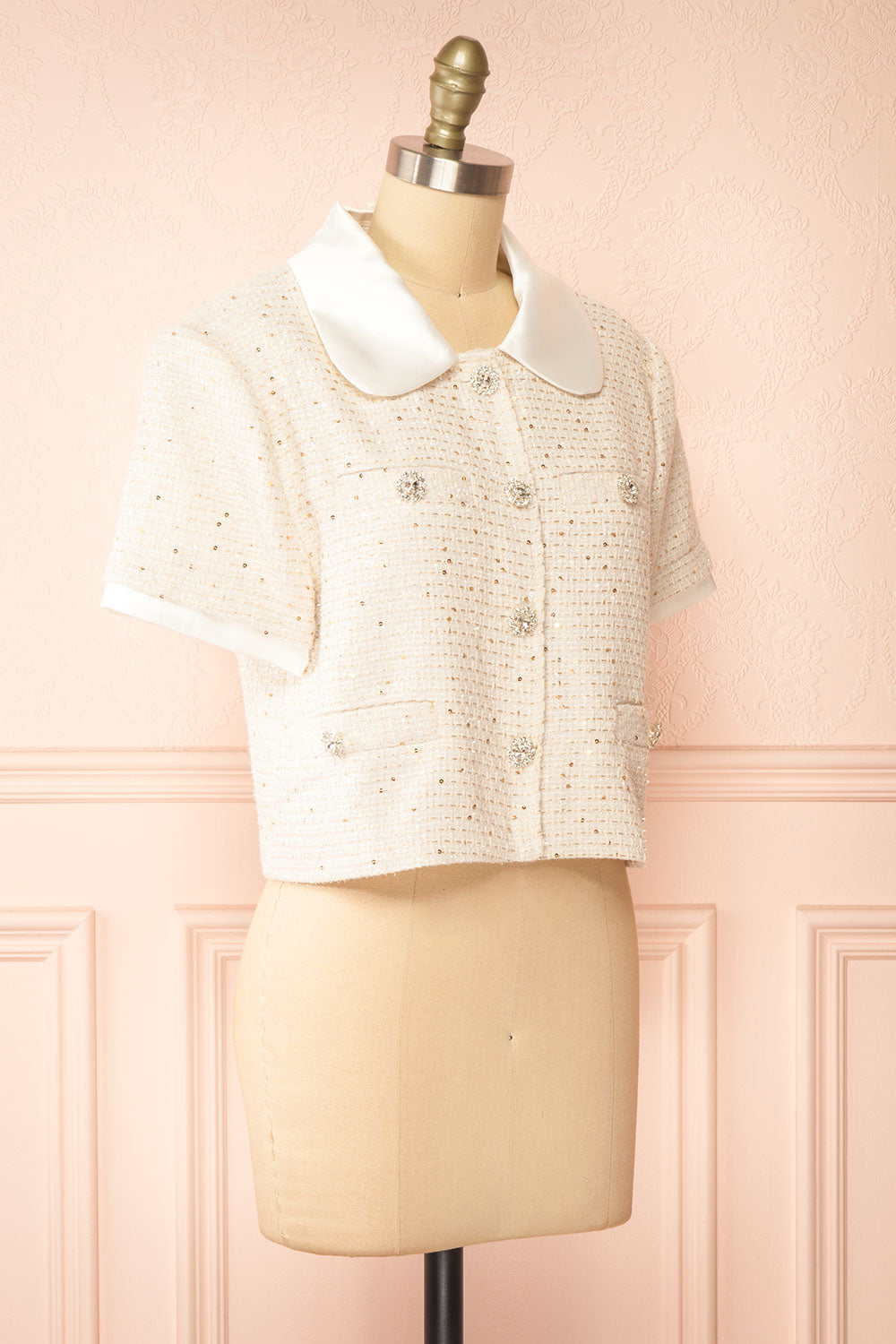 Jackilee Cropped Beige Tweed Top w/ Sequins | Boutique 1861  side view