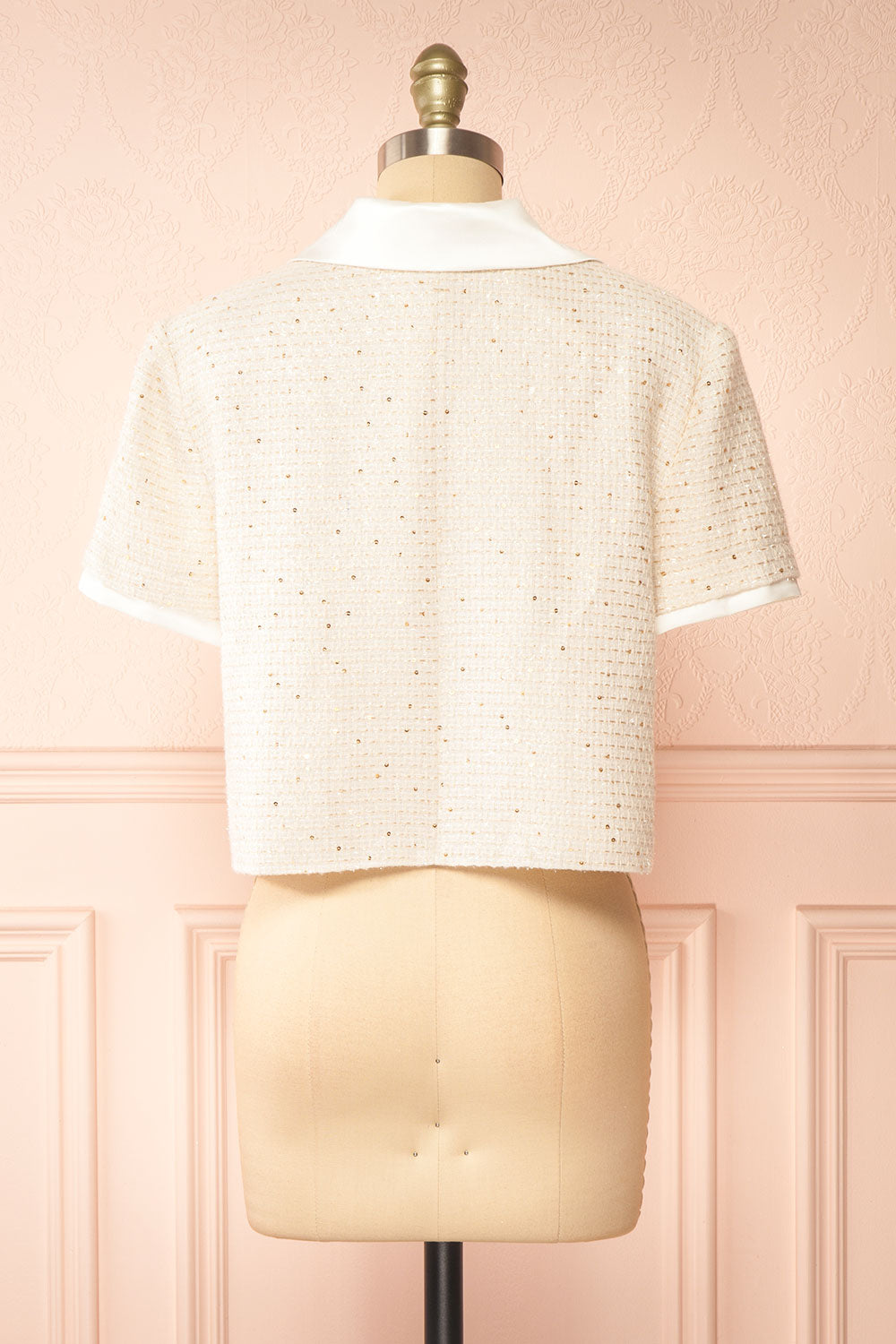 Jackilee Cropped Beige Tweed Top w/ Sequins | Boutique 1861  back view