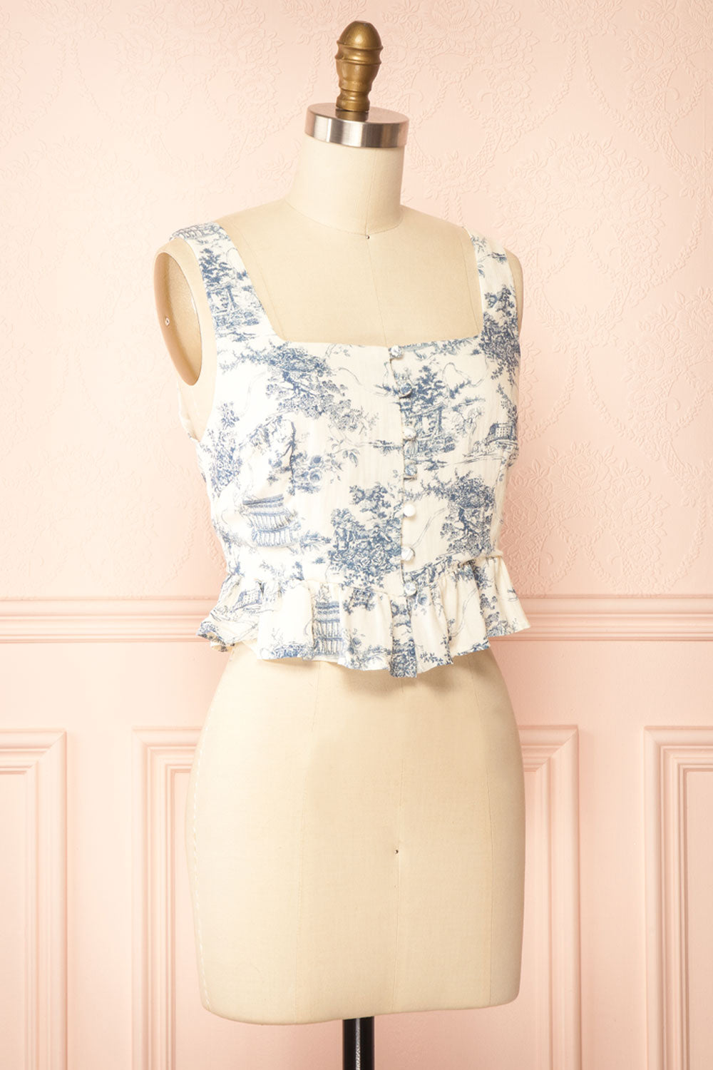 Jada | Blue French Toile Pattern Peplum Top | Side View