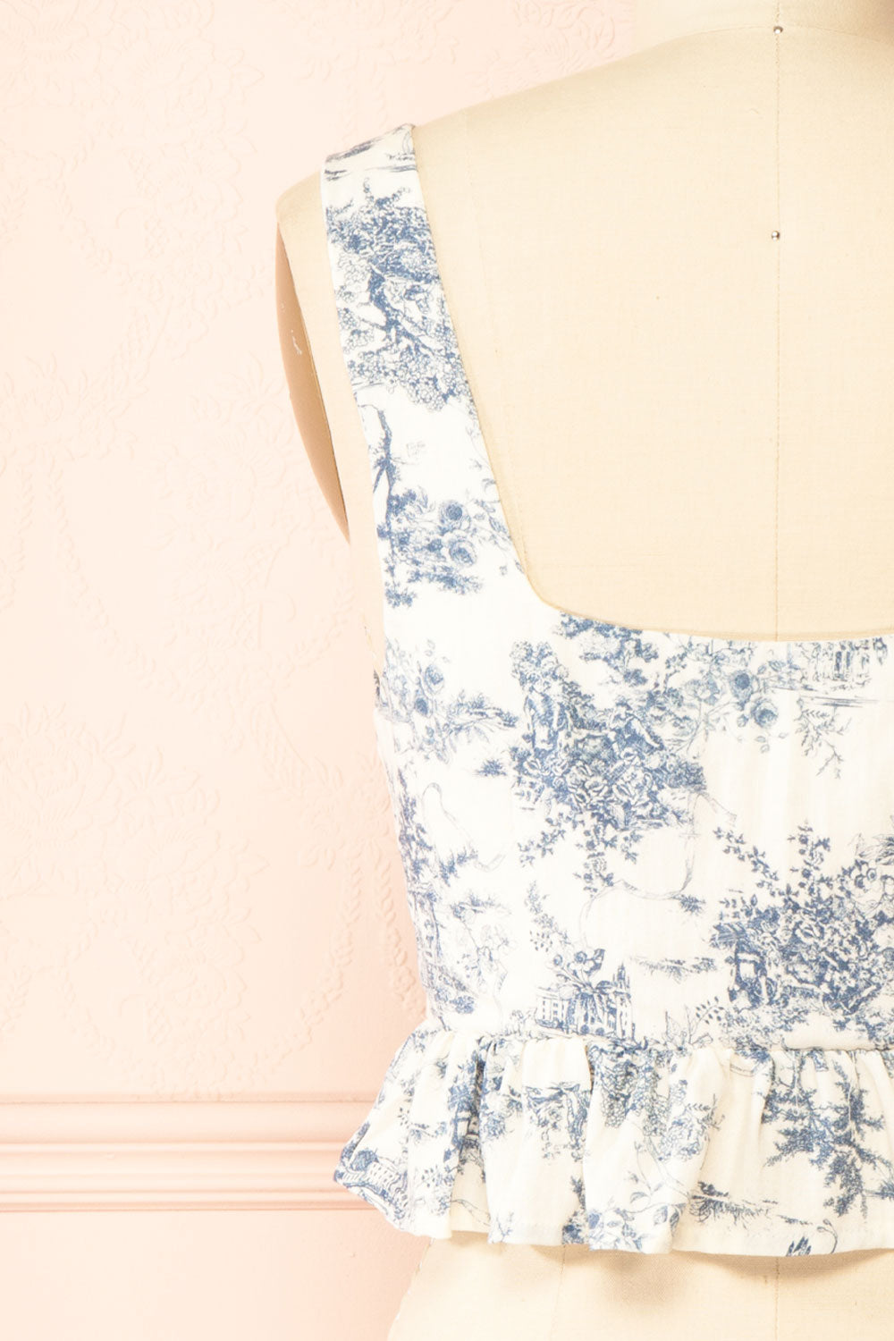 Jada | Blue French Toile Pattern Peplum Top | Back
