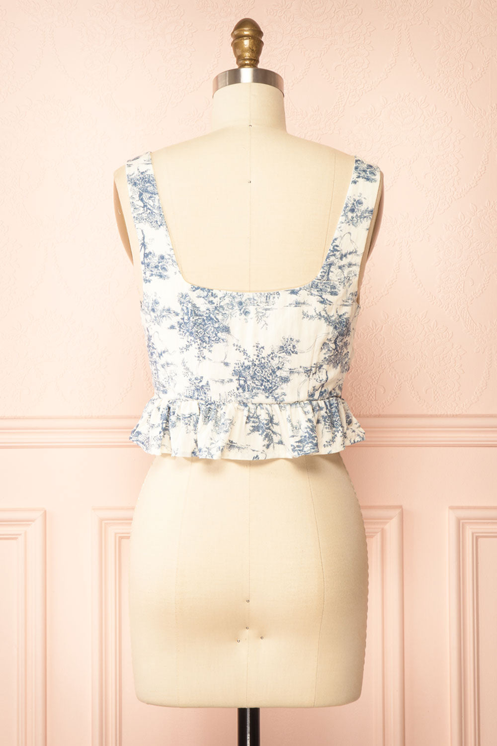 Jada | Blue French Toile Pattern Peplum Top | Back View
