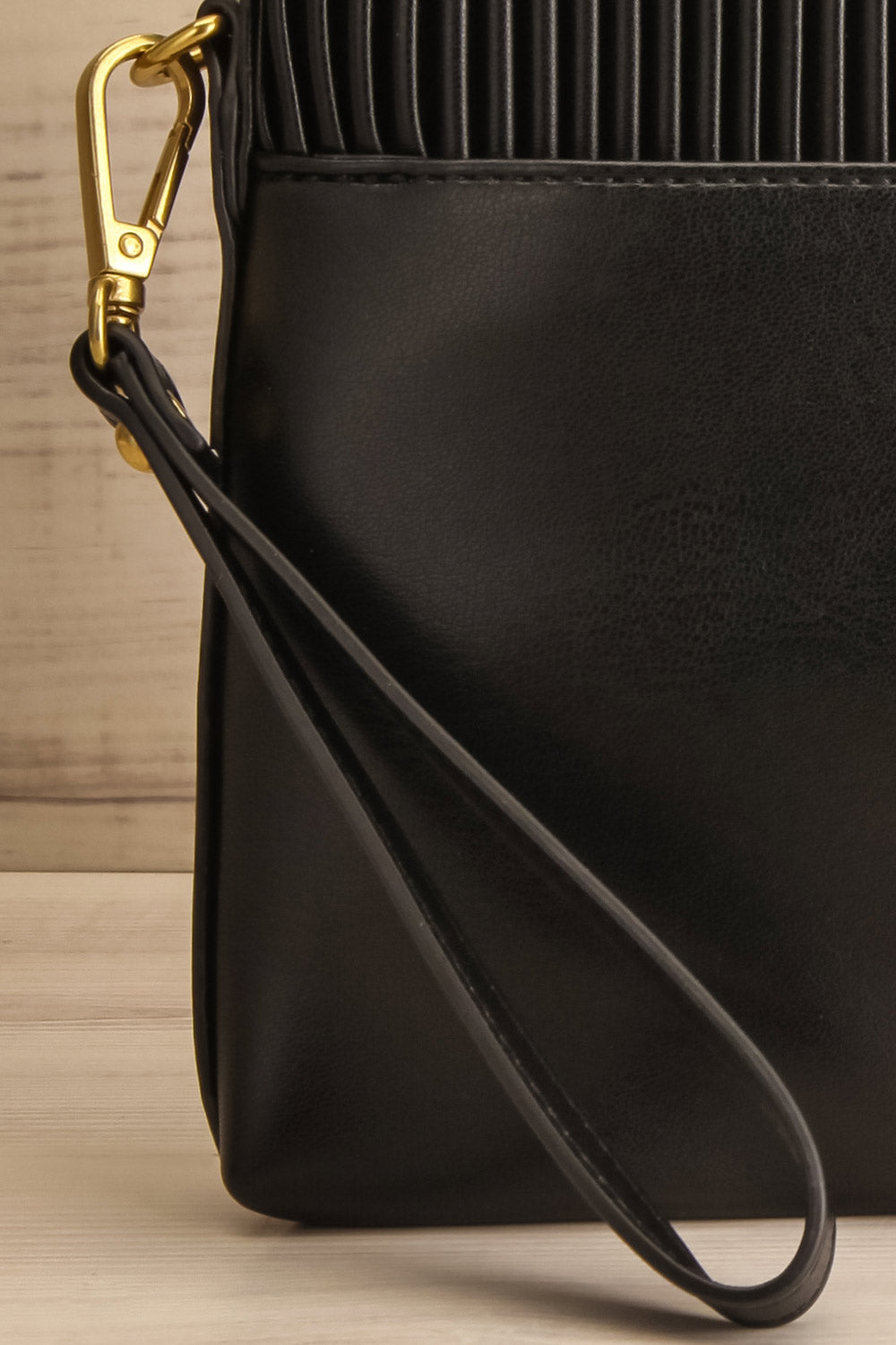 Jaelyn Black Pleated Vegan Leather Handbag | La petite garçonne frontclose-up