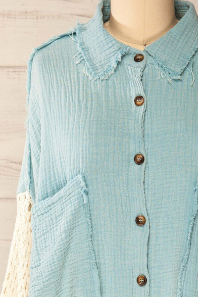 Jaipur Blue Oversized Shirt w/ Knit Sleeves | La petite garçonne  front close-up