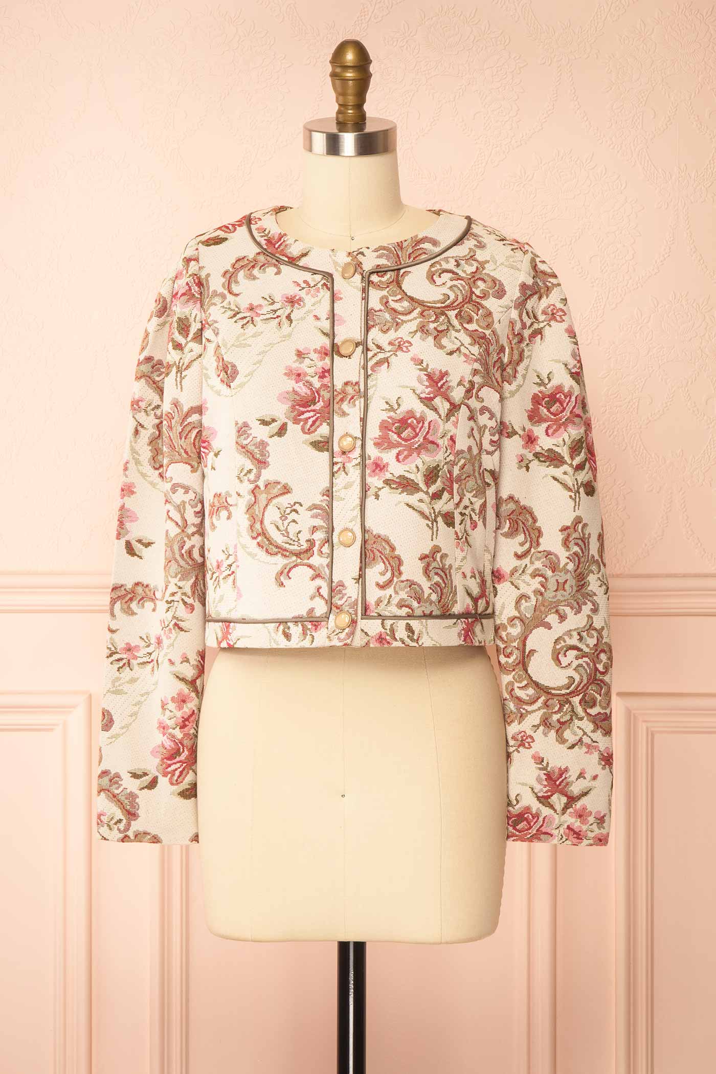 Jaliyah Ivory Floral Jacquard Jacket with Buttons and Pockets | Boutique 1861 front