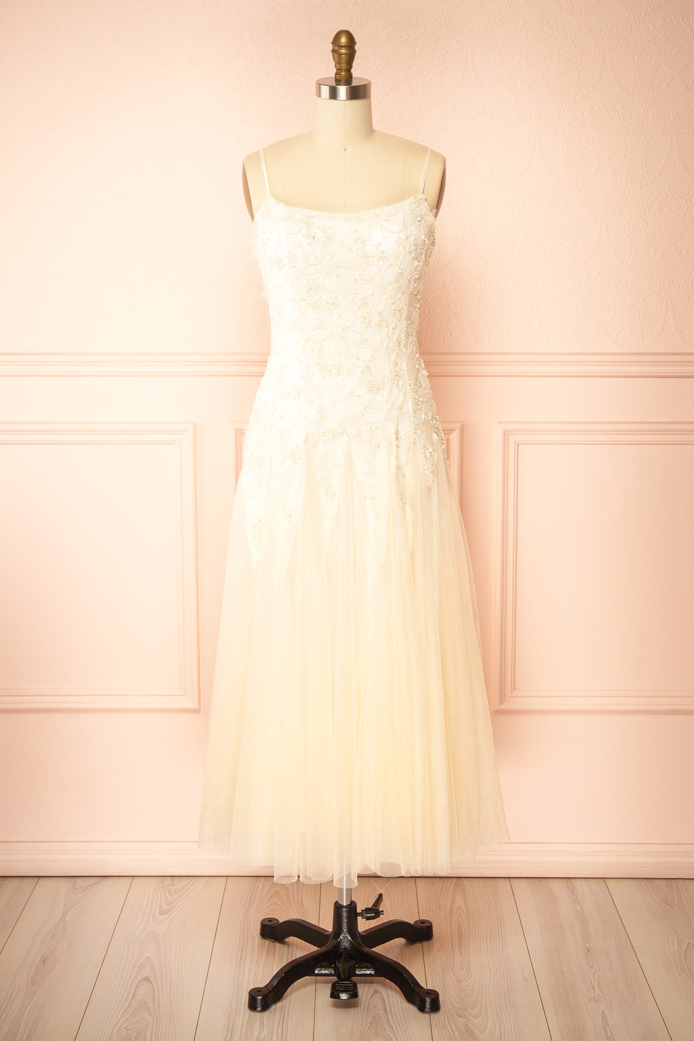 Jamie Ivory Midi Dress with Floral Lace | Boudoir 1861 front 