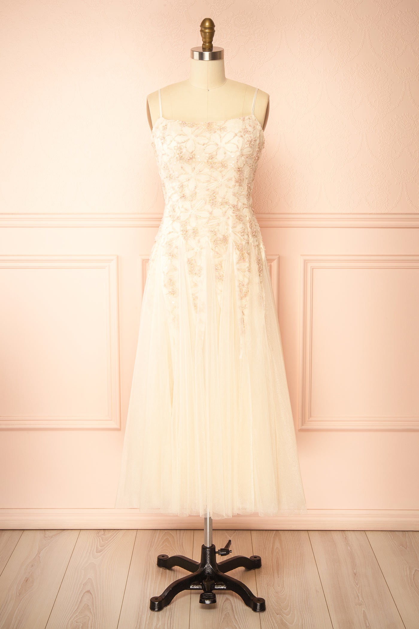 Jamie Pink Midi Dress with Floral Lace | Boutique 1861 front