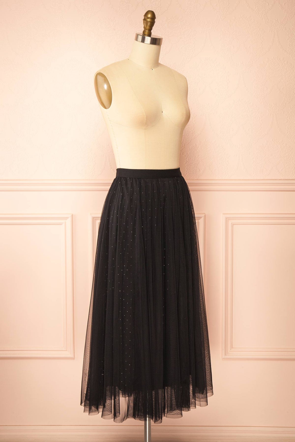 Side view of Jamina Black Long Pleated Tulle Skirt with Rhinestones at Boutique 1861 