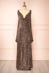Janett Black Maxi Dress w/ Rosegold Sequins & Slit | Boutique 1861 front view