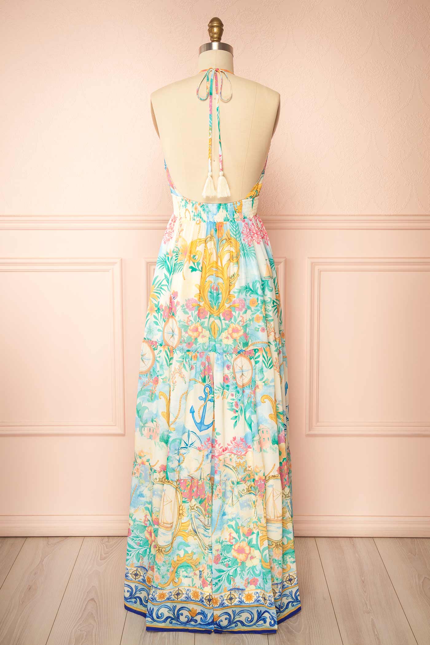 Back view Janey Mediterranean Print Halter Maxi Dress with Open Back at la boutique 1861