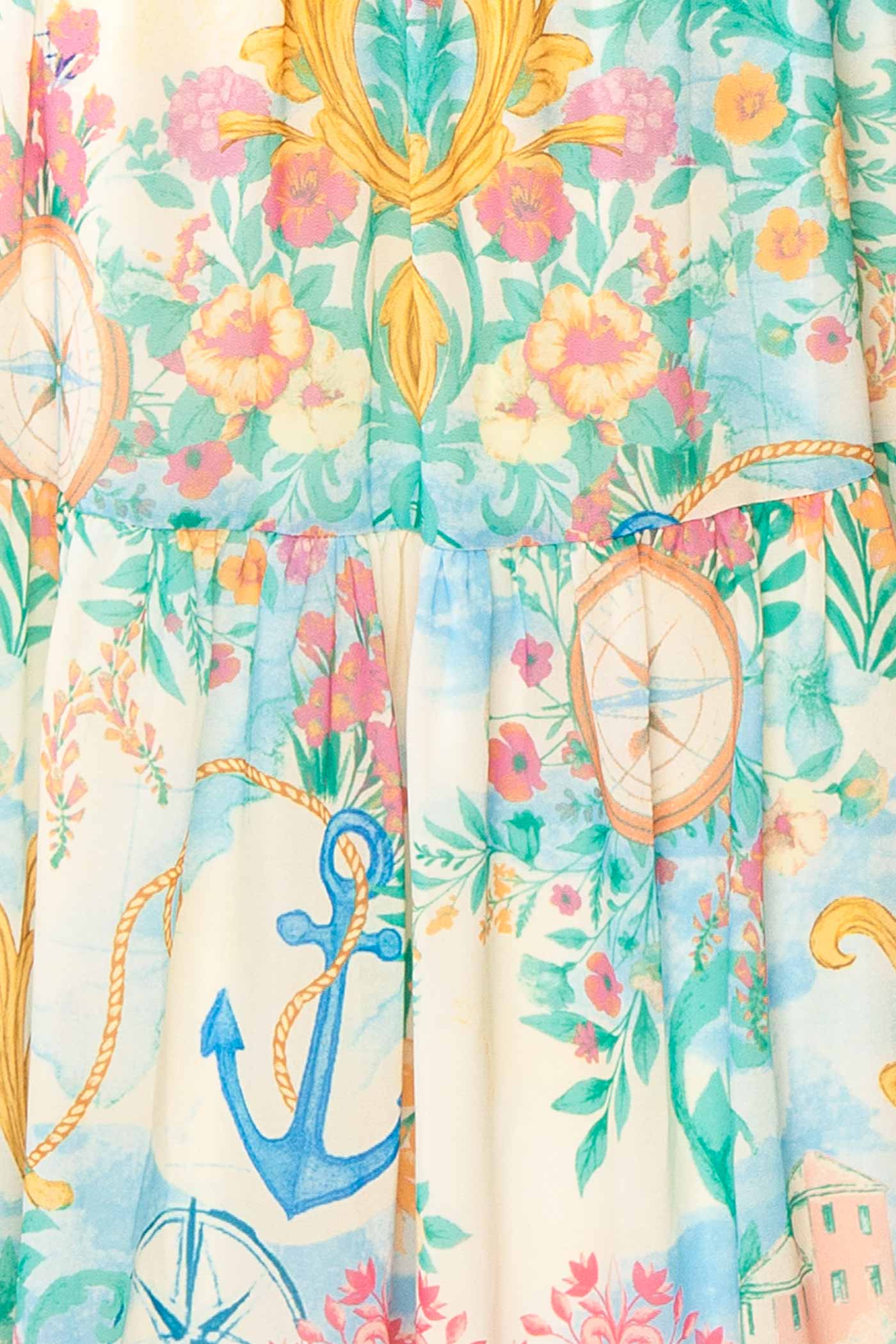 Close-up view Janey Mediterranean Print Halter Maxi Dress with Open Back at la boutique 1861