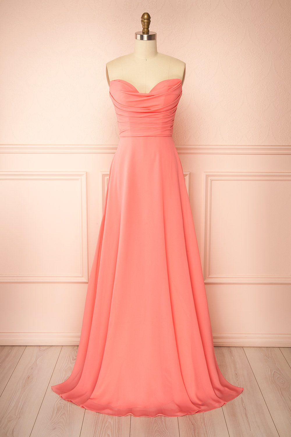 front view of a sewing mannequin wearing Janie Coral Chiffon Maxi Dress with Sweetheart Neckline from Boutique 1861