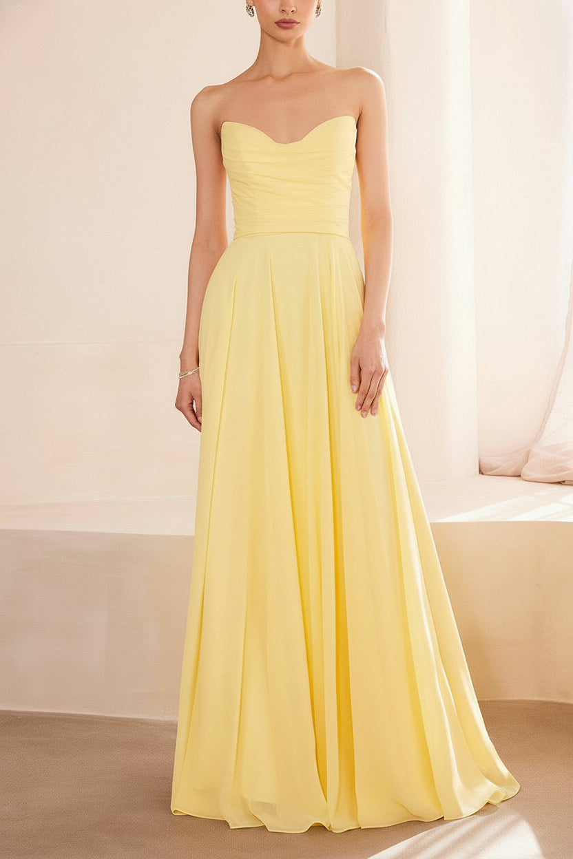 Janie Light Yellow Chiffon Maxi Dress w/ Neck Scarf | Boutique 1861 model view