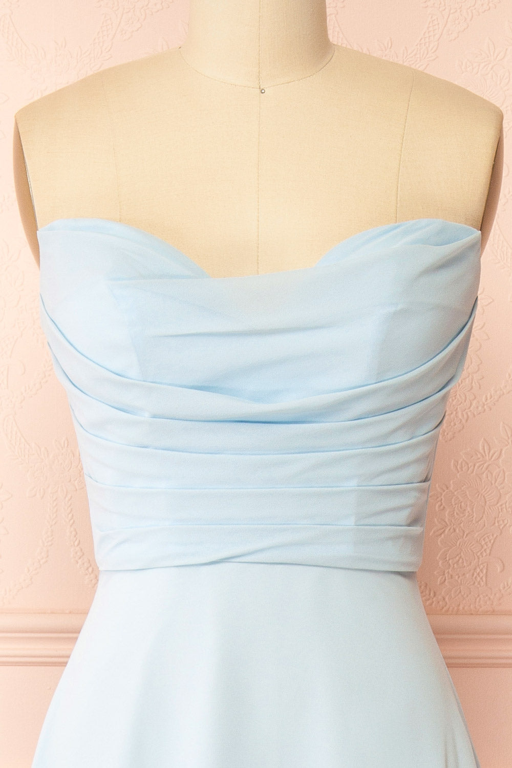 front of a sewing mannequin wearing Janie Light Blue Chiffon Maxi Dress with Sweetheart Neckline from Boutique 1861