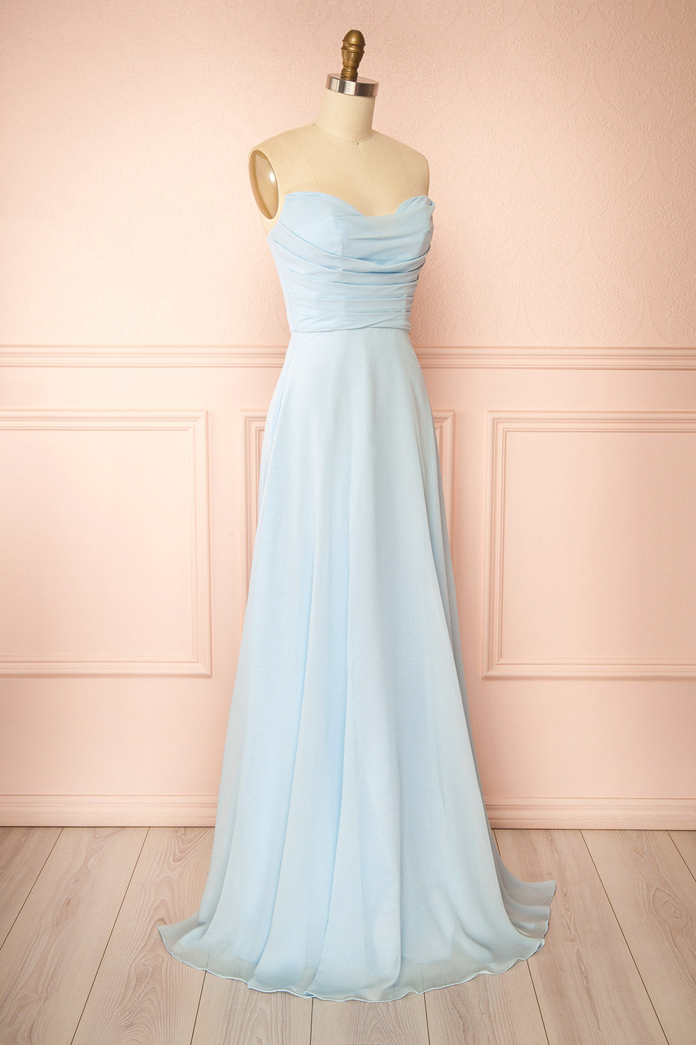 side view  of a sewing mannequin wearing Janie Light Blue Chiffon Maxi Dress with Sweetheart Neckline from Boutique 1861
