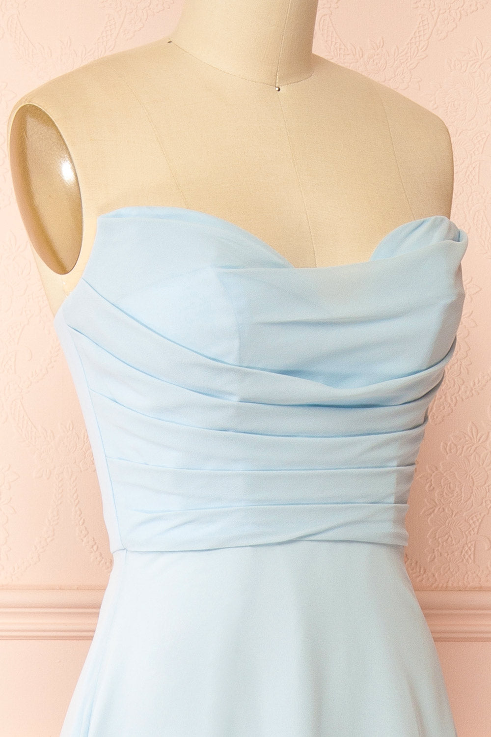 side of a sewing mannequin wearing Janie Light Blue Chiffon Maxi Dress with Sweetheart Neckline from Boutique 1861