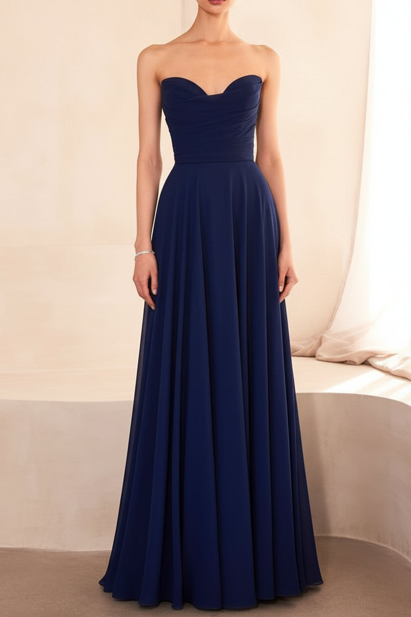 Janie Navy Chiffon Maxi Dress with Sweetheart Neckline and Scarf