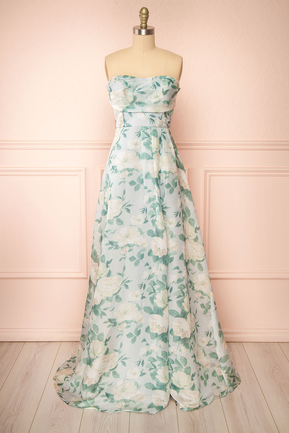 Janine Light Blue Strapless Floral Maxi Dress | Boutique 1861 front view