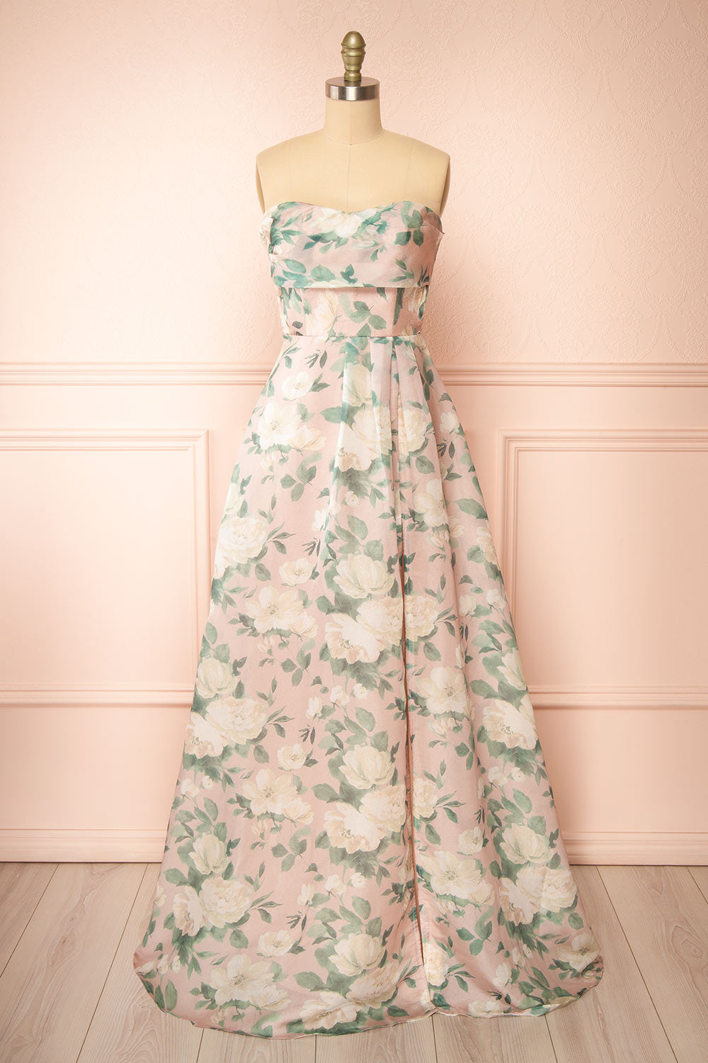 Janine Blush Strapless Floral Maxi Dress | Boutique 1861 front view