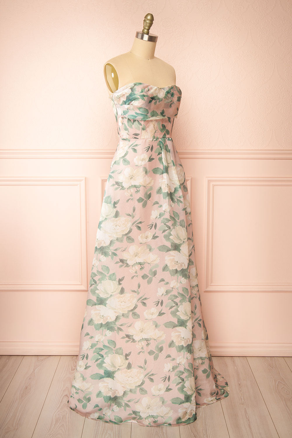 Janine Blush Strapless Floral Maxi Dress | Boutique 1861 side view