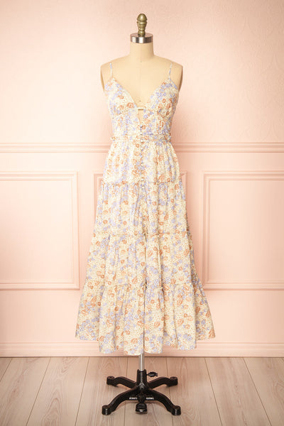 Jariana Midi Floral Dress w/ Plunging Neckline | Boutique 1861 front view