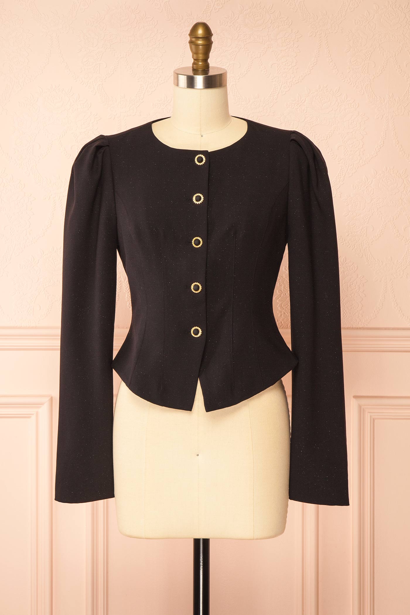 Jaylin Black Glitter Blazer with Gold-Trimmed Buttons | Boutique 1861 front