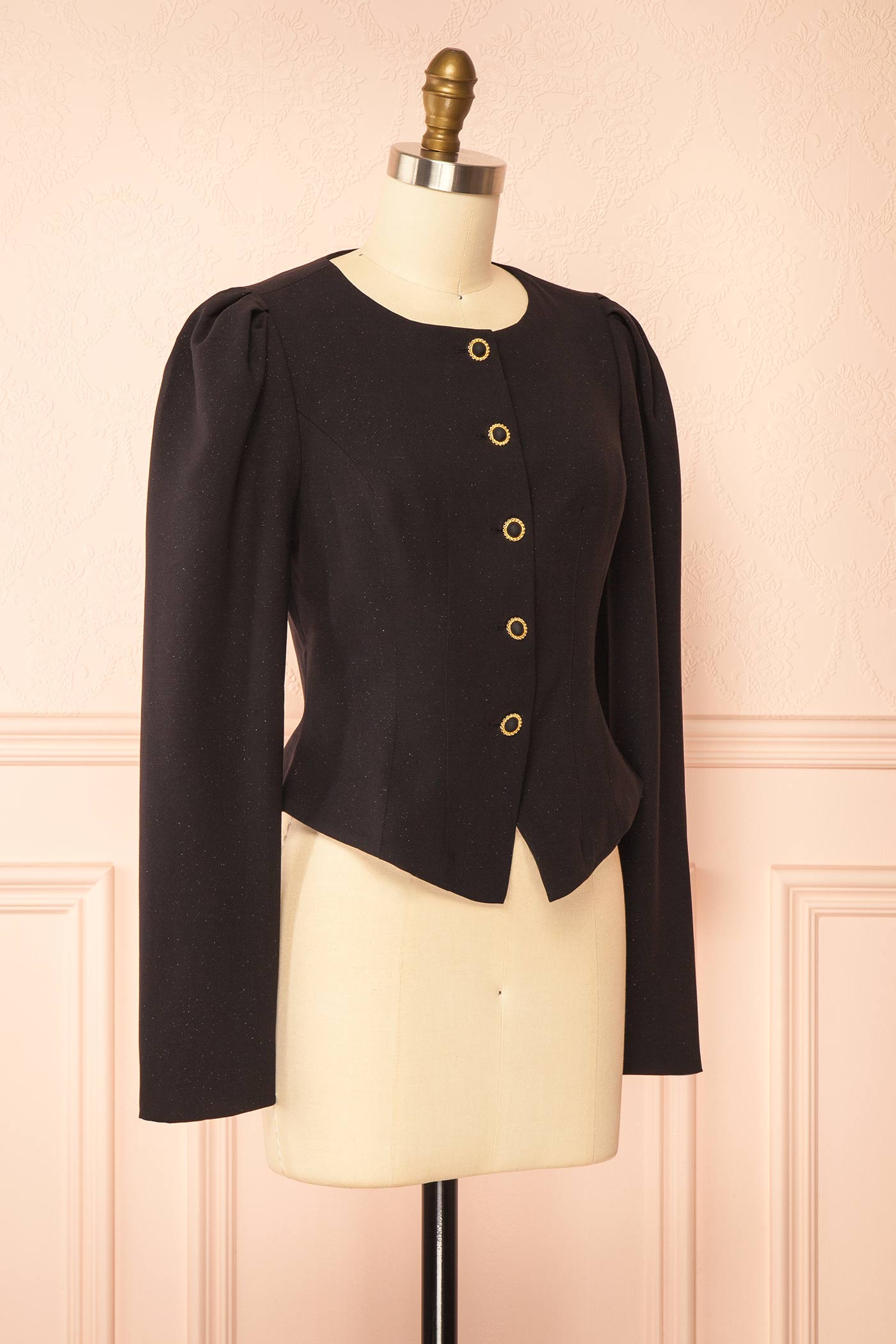Jaylin Black Glitter Blazer with Gold-Trimmed Buttons | Boutique 1861 side