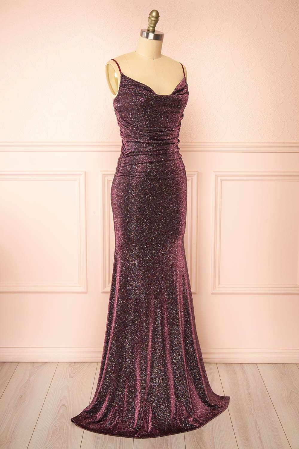 Jayna Burgundy Ruched Sparkling Mermaid Maxi Dress | Boutique 1861 side view