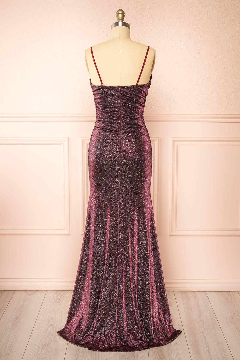 Jayna Burgundy Ruched Sparkling Mermaid Maxi Dress | Boutique 1861 back view