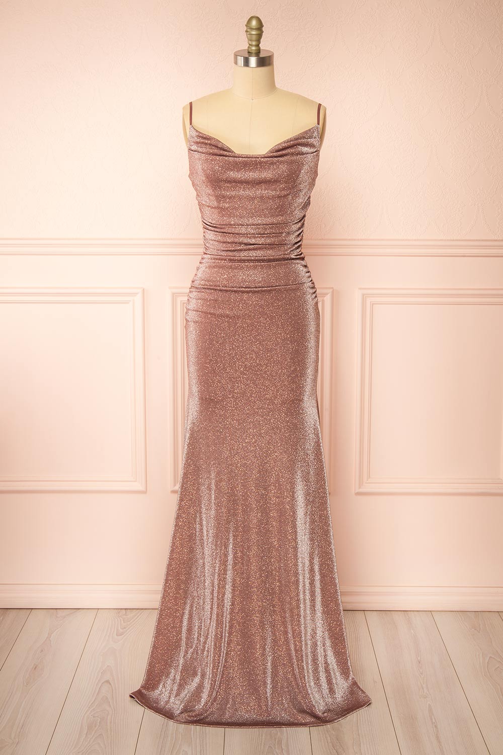 Jayna Mauve Ruched Sparkling Mermaid Maxi Dress | Boutique 1861 front view