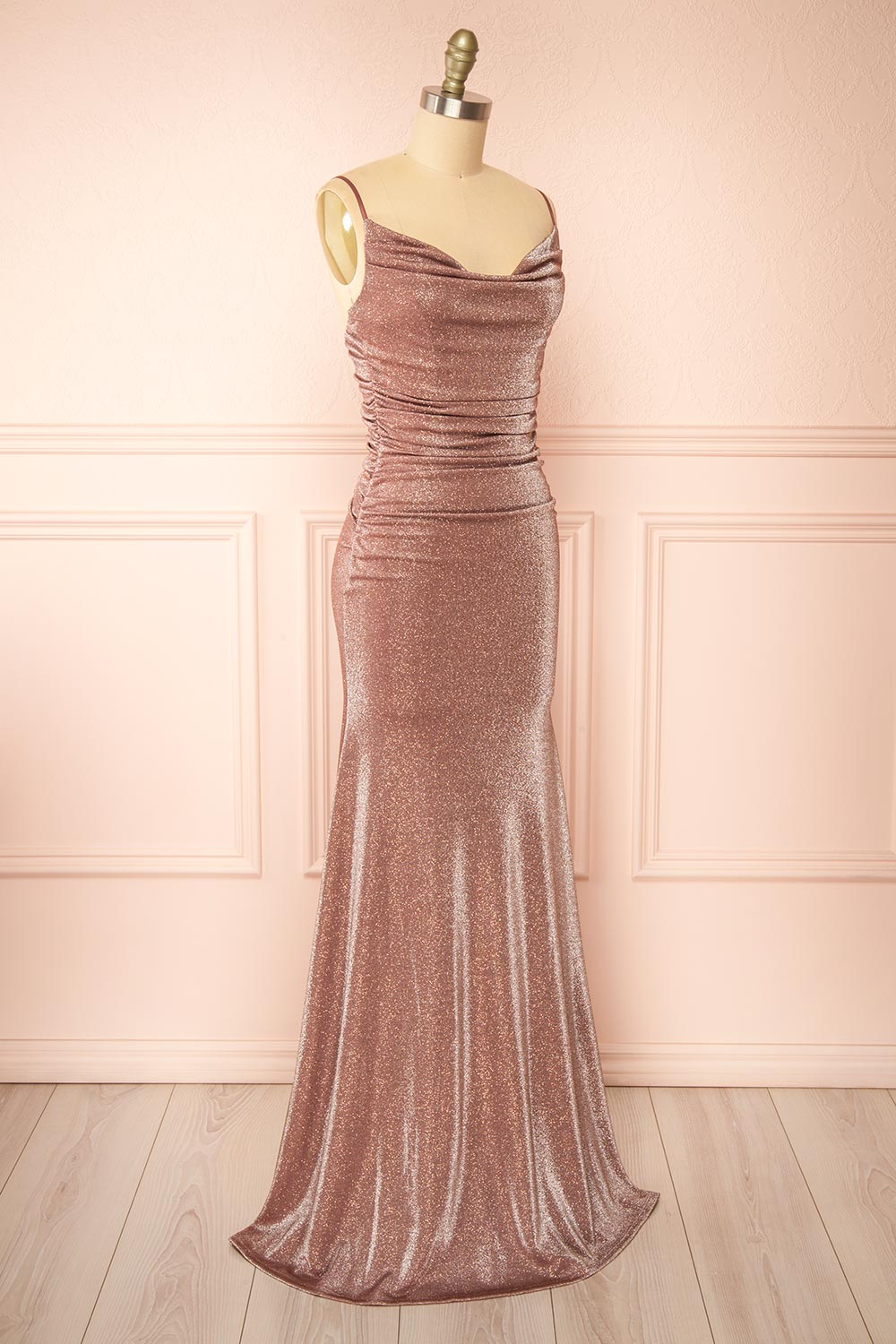 Jayna Mauve Ruched Sparkling Mermaid Maxi Dress | Boutique 1861 side view