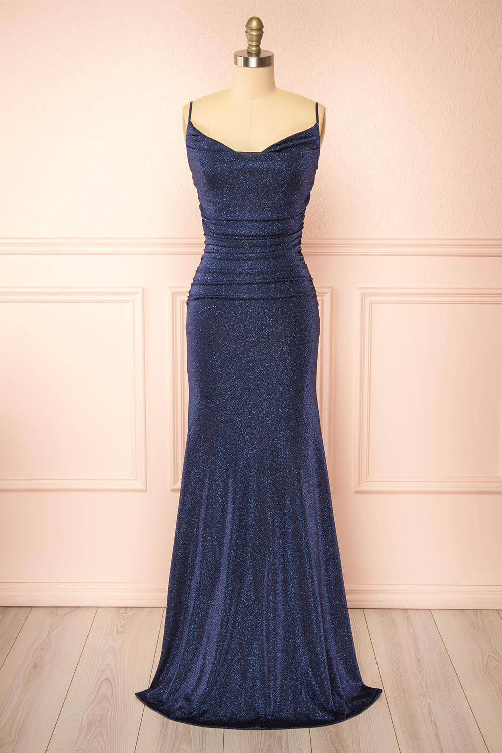 Jayna Navy Ruched Sparkling Mermaid Maxi Dress | Boutique 1861 front view