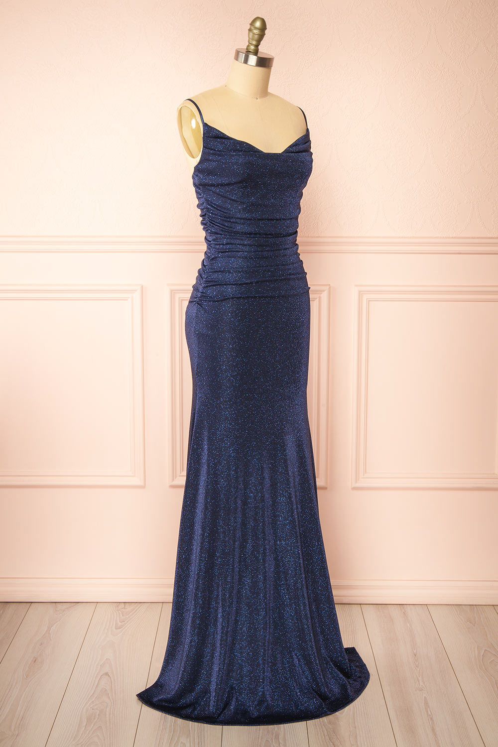 Jayna Navy Ruched Sparkling Mermaid Maxi Dress | Boutique 1861 side view