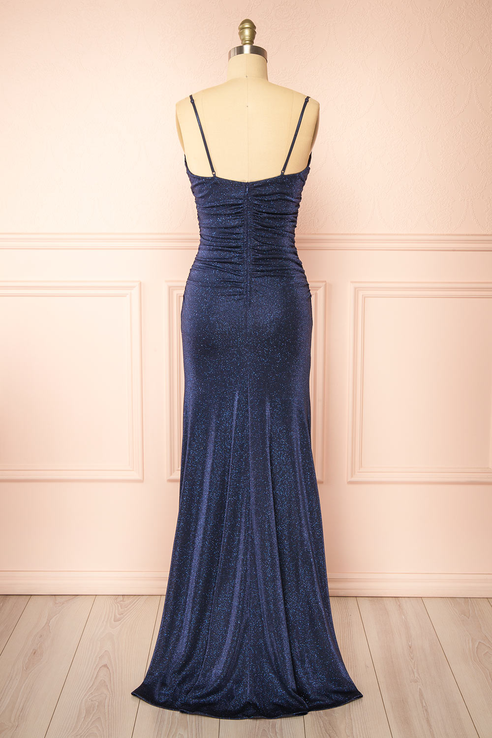 Jayna Navy Ruched Sparkling Mermaid Maxi Dress | Boutique 1861 back view