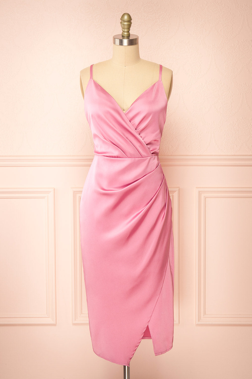 Jazebelle Pink Satin Midi Dress w/ Slit | Boutique 1861 front view