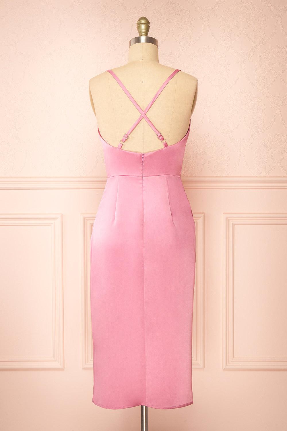 Jazebelle Pink Satin Midi Dress w/ Slit | Boutique 1861 back view