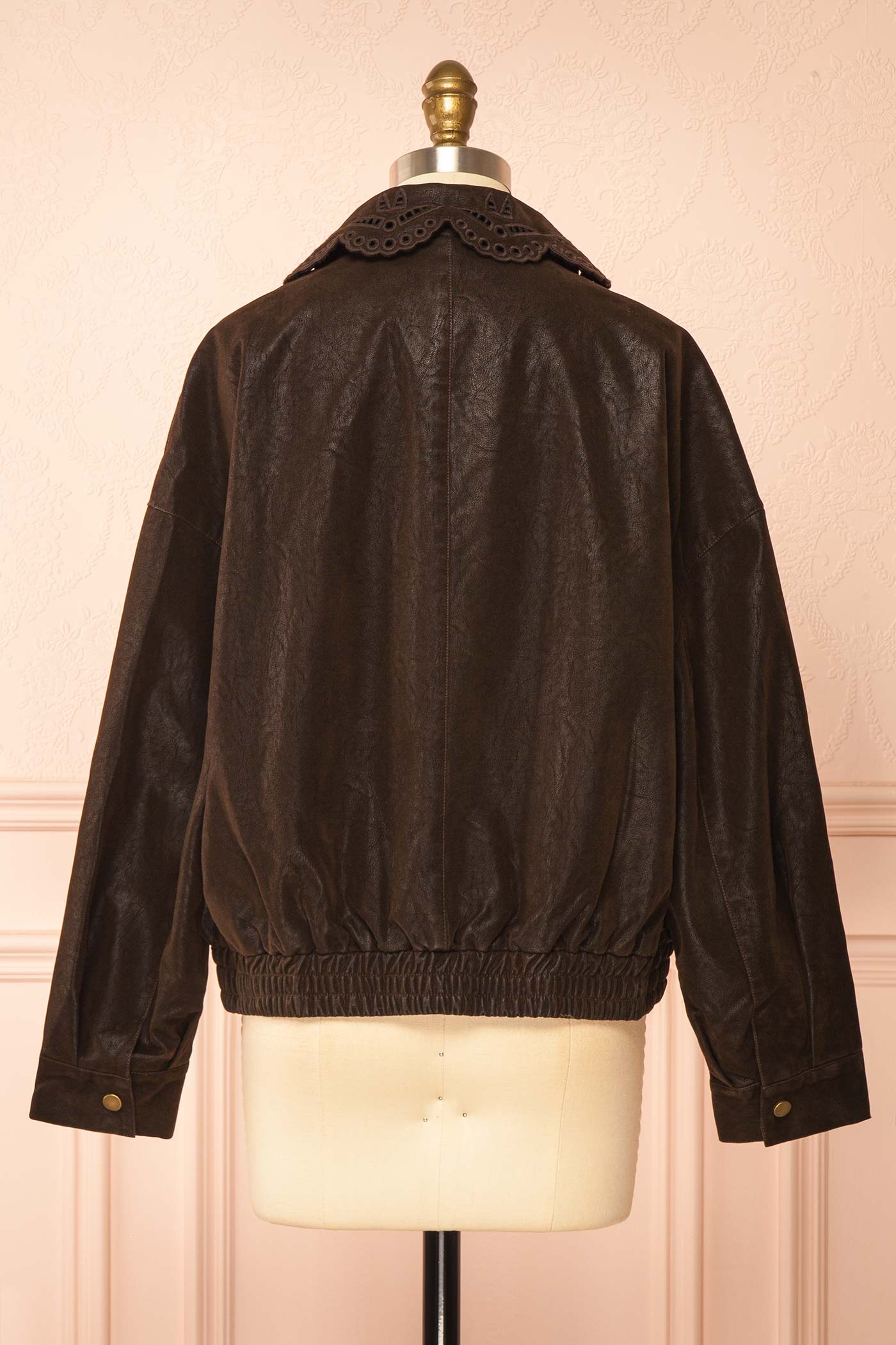 back view of Jeremia Brown Faux Leather Embroidered Collar Bomber Jacket at Boutique 1861