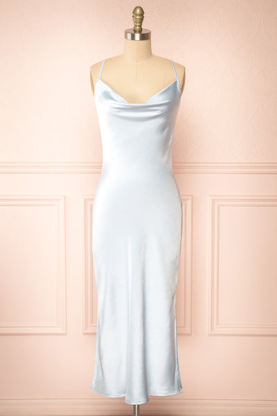 Jessie Blue Cowl Neck Satin Slip Dress w/ Open Back | Boutique 1861 front view