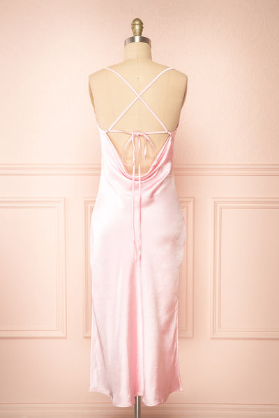 Jessie Pink Cowl Neck Satin Slip Dress w/ Open Back | Boutique 1861 back view