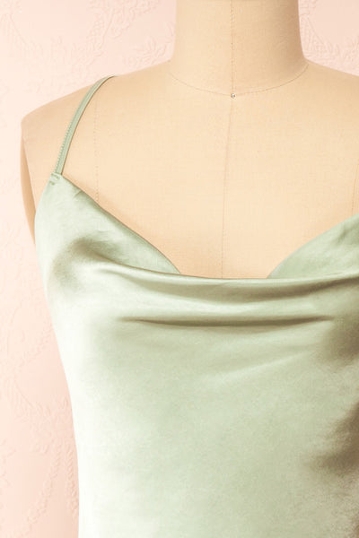 Jessie Sage Cowl Neck Satin Slip Dress w/ Open Back | Boutique 1861 front