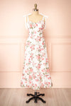 Jihoon Tie Strap White Floral Midi Dress w/ Ruffles front view
