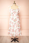 Jihoon Tie Strap White Floral Midi Dress w/ Ruffles front plus size