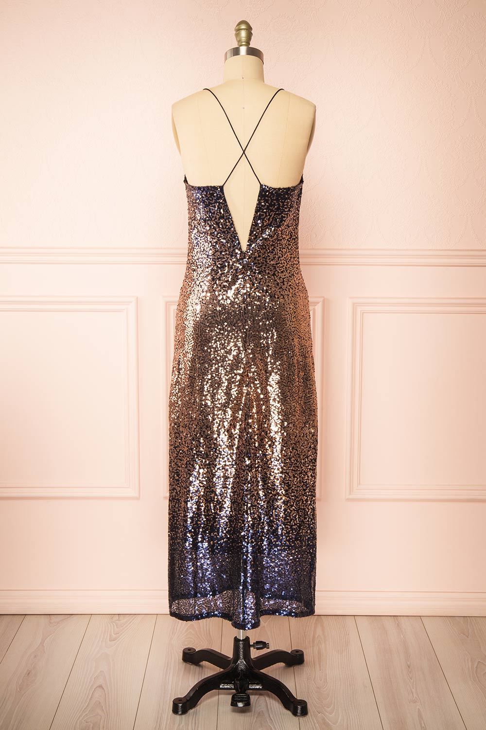 Jinsoul Navy & Copper Sequin Midi Slip Dress | Boutique 1861 back view