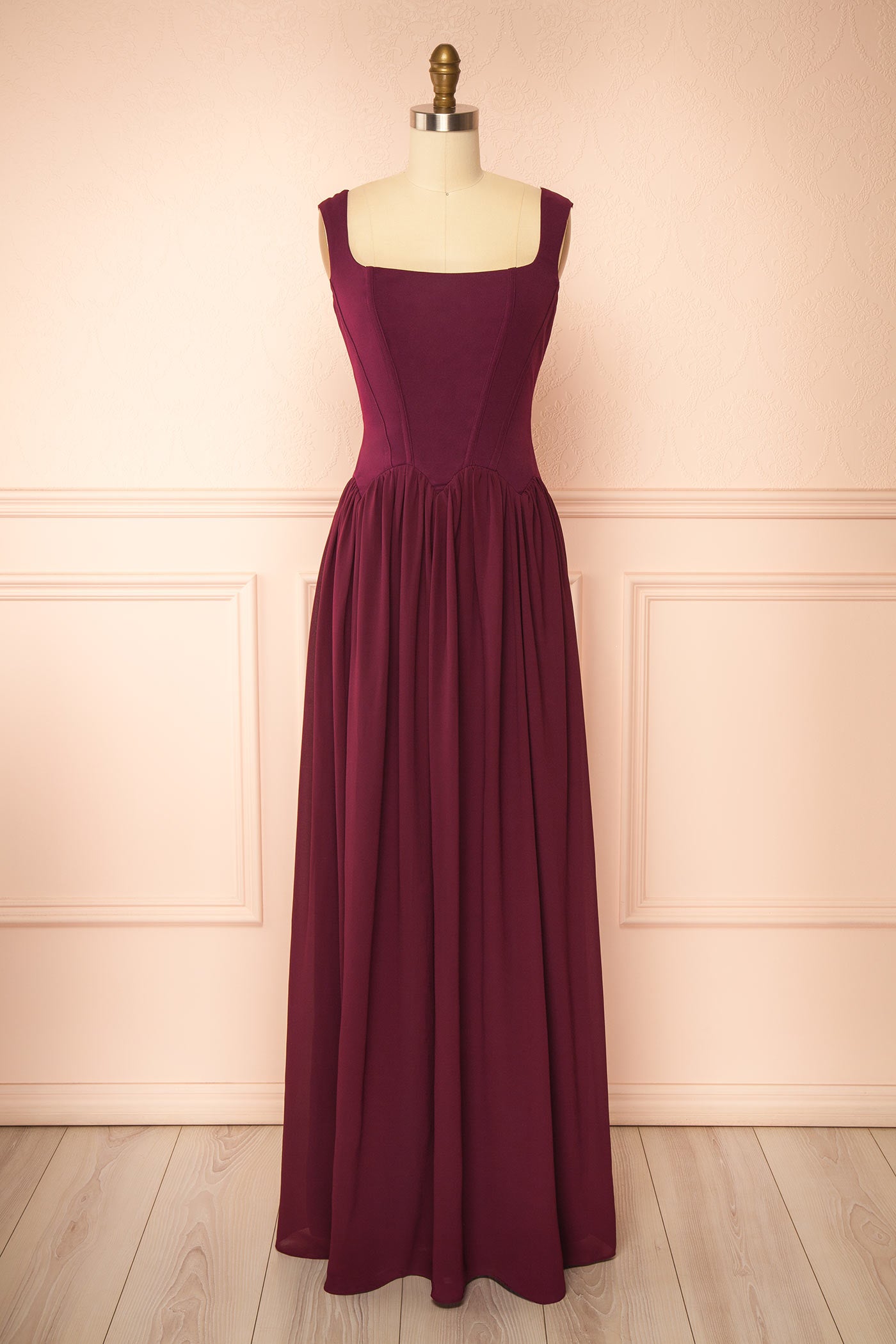 Joalie Burgundy Sleeveless Maxi Dress with Structured Bodice | Boutique 1861 front