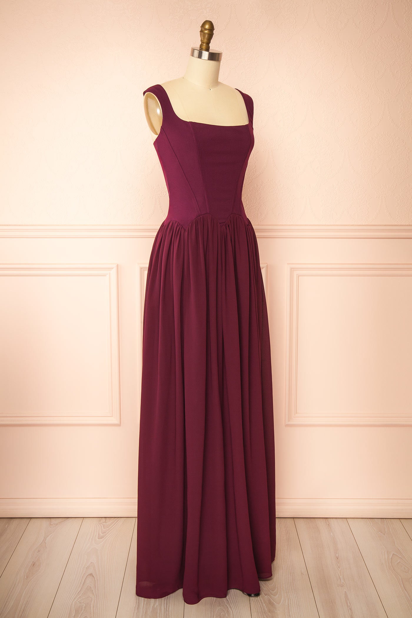 Joalie Burgundy Sleeveless Maxi Dress with Structured Bodice | Boutique 1861 side