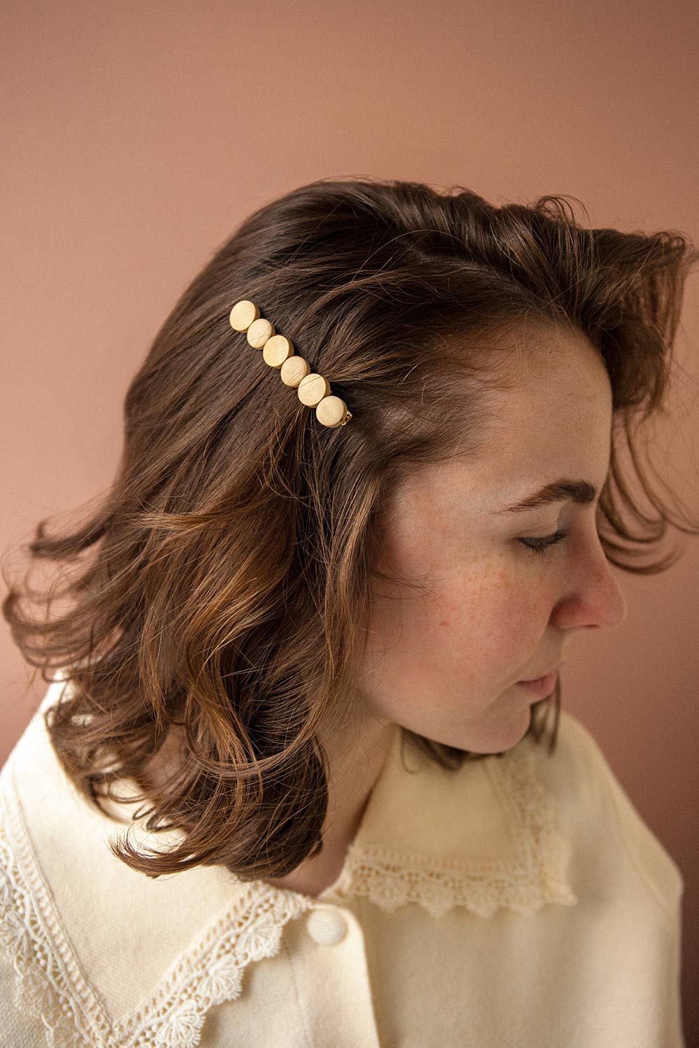 Joelene Beige Golden Barrette w/ Wooden Beads | La petite garçonne model