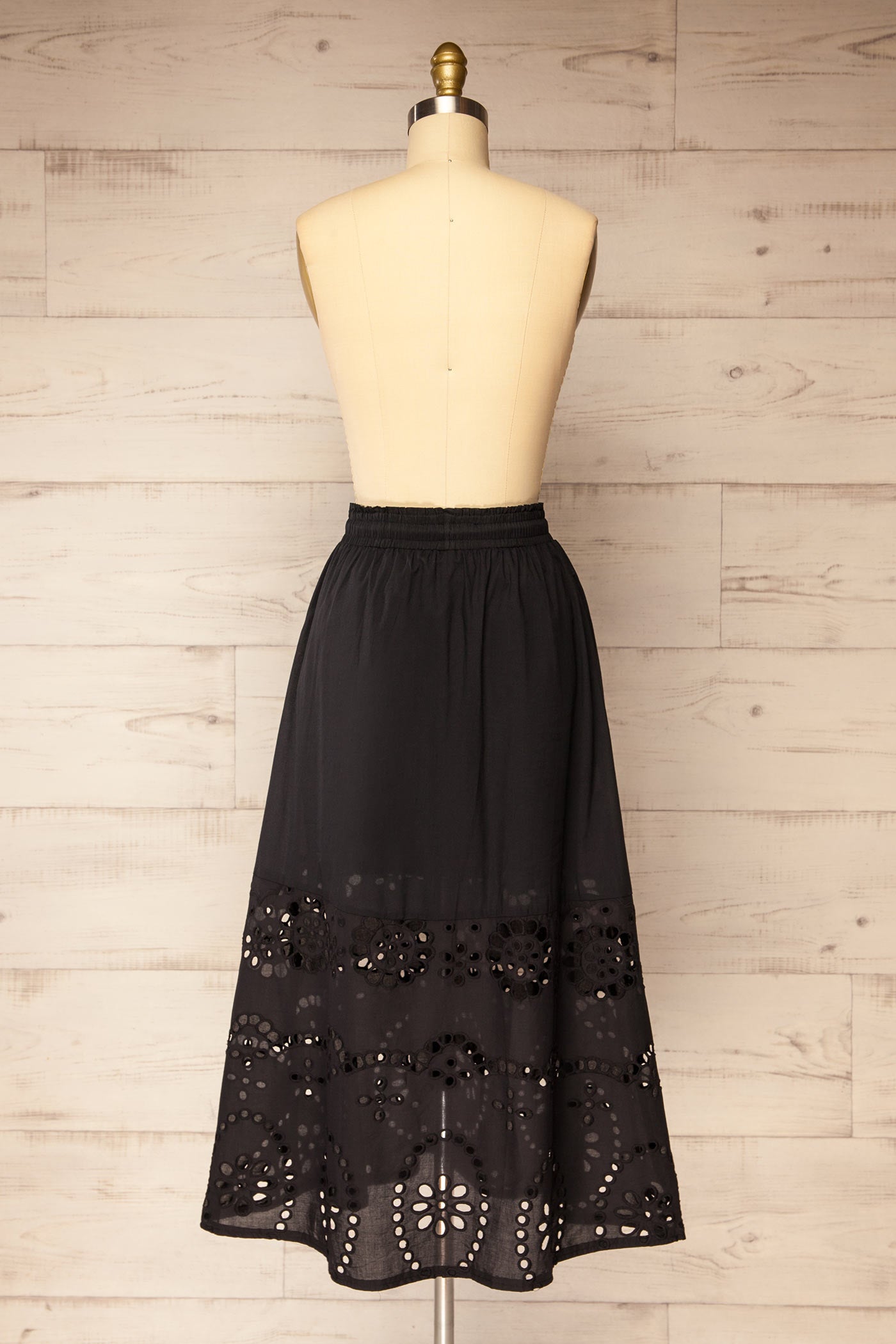 Backview Jolene Black Midi Skirt with Eyelets and Pockets at la petite garçonne